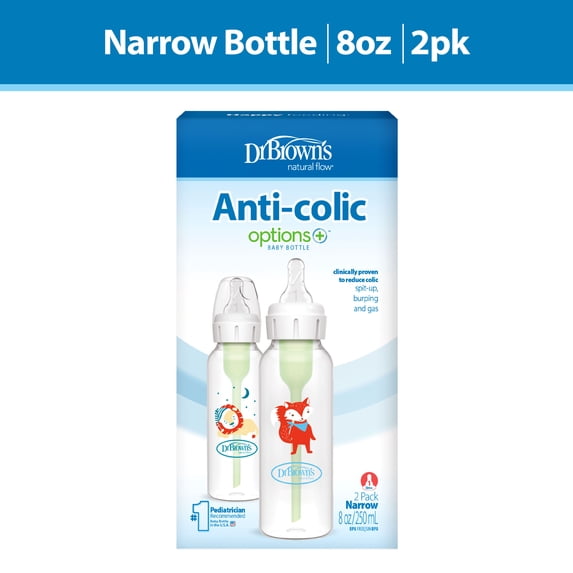 Dr. Brown's Natural Flow Anti-Colic Options+ Narrow Baby Bottle, Fox & Lion, 8 oz/250 mL, with Level 1 Slow Flow Nipple, BPA Free, 0m+, 2-Pack