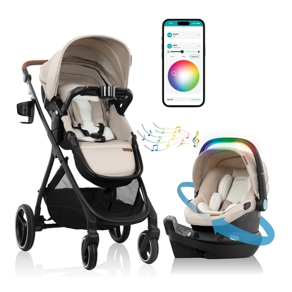 Evenflo Shyft Intuiti+ Travel System Featuring Revolve180 LiteMax NXT Preemie and Infant Car Seat with SensorySoothe and Green & Gentle (Champagne)