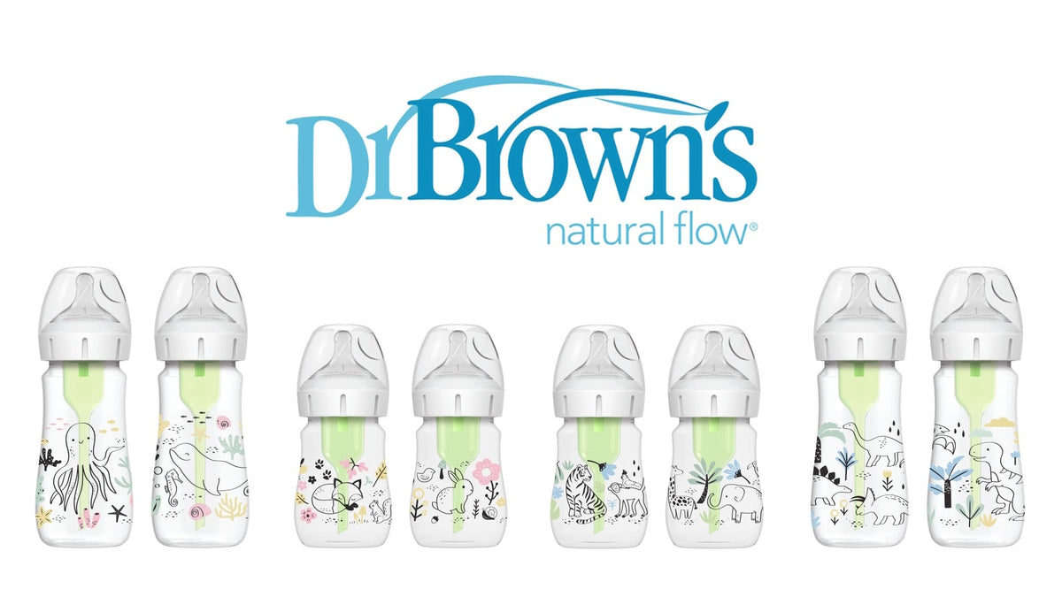 Dr. Brown's Natural Flow Anti-Colic Options+ Wide-Neck Baby Bottle, Dino Decos, 9oz/270ml, Level 1 Slow Flow, 0m+, 2 Pack