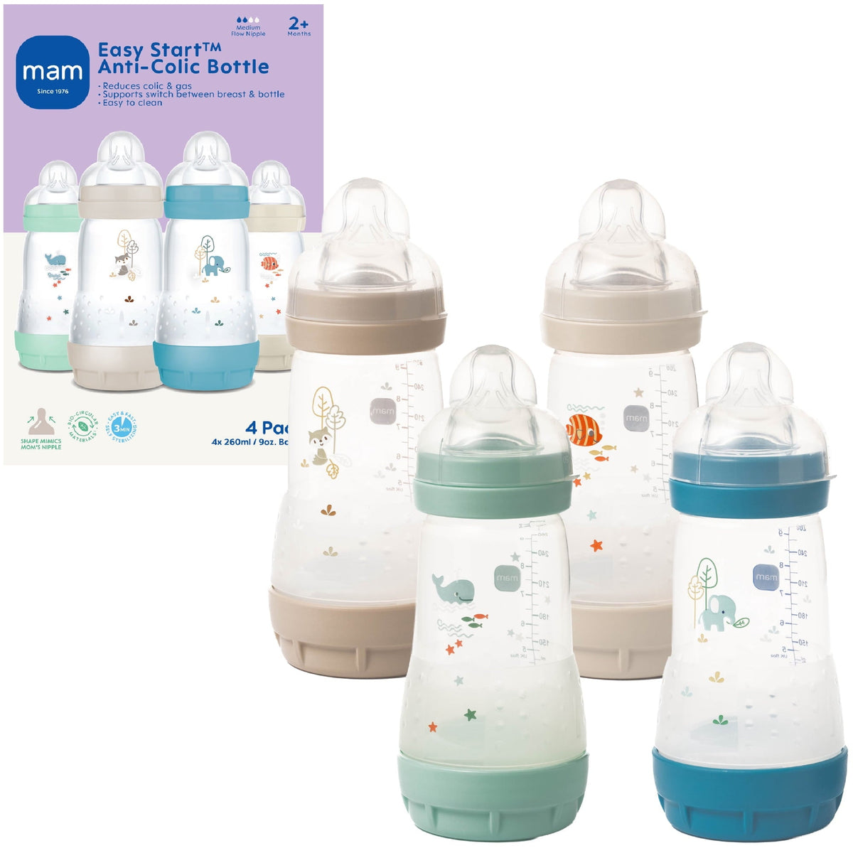 MAM ESAC 9oz Multi Color Boy, 4 Pack